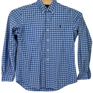 Ralph Lauren Blue and White Plaid Long Sleeve 100% Cotton Size Large